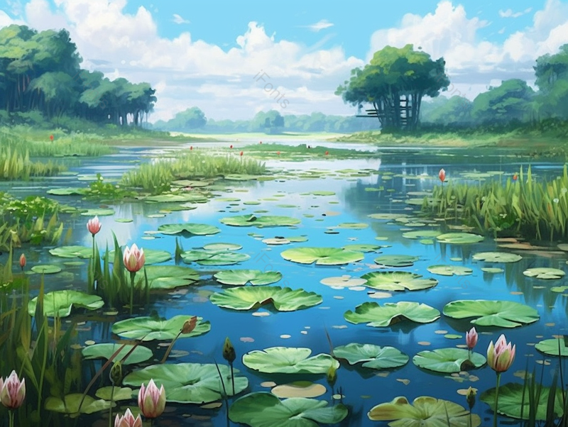 小暑户外的天空池塘上油画背景,插画/手绘图,插画/手绘图库,插画/手绘图下载,插画/手绘